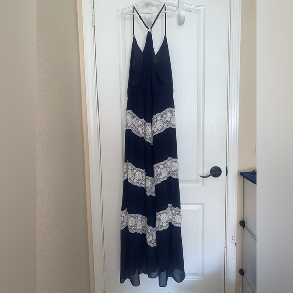 Charming Charlie Navy and White Floral Lace Long Maxi Dress - Picture 2 of 14